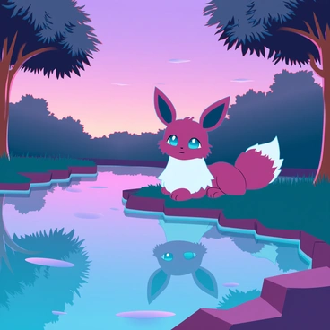 An Eevee with fluffy fur and large, expressive eyes is resting peacefully beside a flowing river. The river has a smooth surface that reflects the vibrant colors of the twilight sky, with shades of deep purple, pink, and orange blending together. Surrounding the river are lush green trees and soft grass, creating a serene environment. The scene is illuminated by the soft glow of the fading sunlight, casting gentle shadows on the ground.