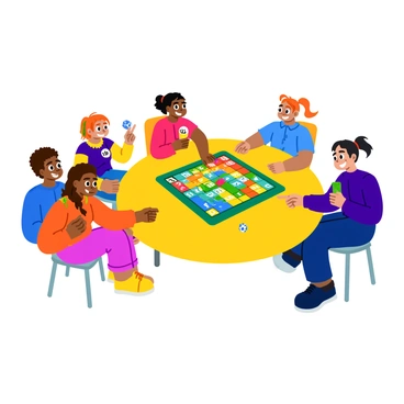 A colorful board game spread out on a bright, round table. Several children of varying ethnicities are gathered around, some sitting and others standing. They are engaged and smiling as they play, with expressions of joy and concentration. Each child holds a game piece in hand, and the board features vibrant illustrations of numbers and math symbols. One child points excitedly at a math problem on the board, while another rolls a colorful die. The scene is filled with bright colors, giving an atmosphere of fun and learning.