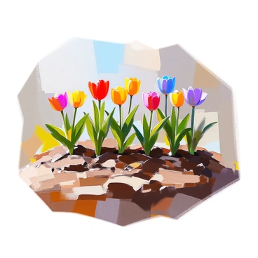 A garden plot featuring eight vibrant flowers planted in neat rows. Each flower showcases a different color, including red, yellow, blue, and purple, standing tall with green stems and leaves. Surrounding the flowers are six empty spaces in the rich, dark soil, indicating where additional plants could be placed. The arrangement showcases the contrast between the blooming flowers and the vacant spots, creating a balanced layout in the garden.