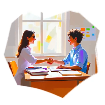 A classroom interior featuring a wooden desk, textbooks, and educational posters on the walls. In the foreground, a teacher with short brown hair and glasses is shaking hands with a student who has long curly hair and is wearing a bright blue shirt. They both have smiles on their faces, indicating agreement on a project plan. The teacher's other hand holds a clipboard with notes, while the student has a notebook tucked under their arm. Sunlight filters through a window, illuminating the scene.