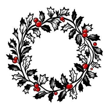 A circular wreath made of holly leaves, intricately arranged with sprigs of bright red berries clustered throughout. The entire wreath is dusted with snow, giving it a frosty appearance. The holly leaves are shaped with jagged edges, showcasing their detailed texture. The berries are plump and round, standing out prominently among the greenery. The background features subtle hints of a winter landscape, enhancing the seasonal theme.