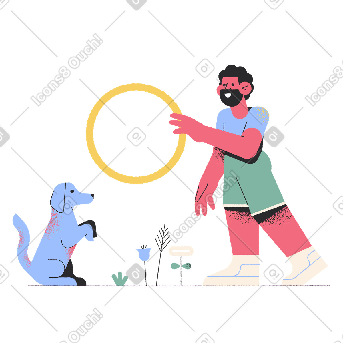 Man training dog to jump through hoop illustration in Pablo style download in PNG, SVG