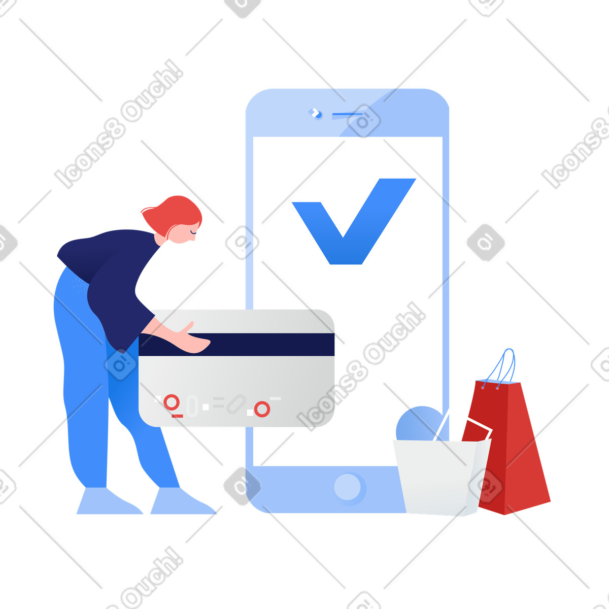Donna che paga i suoi acquisti con la carta illustrazione in stile Clip scarica in PNG, SVG
