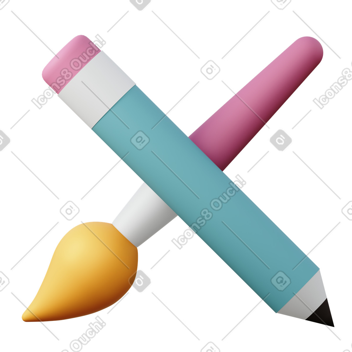 Ilustración Lápiz y pincel cruzados, creatividad herramientas de dibujo en estilo 3D Sugary a descargar en PNG SVG