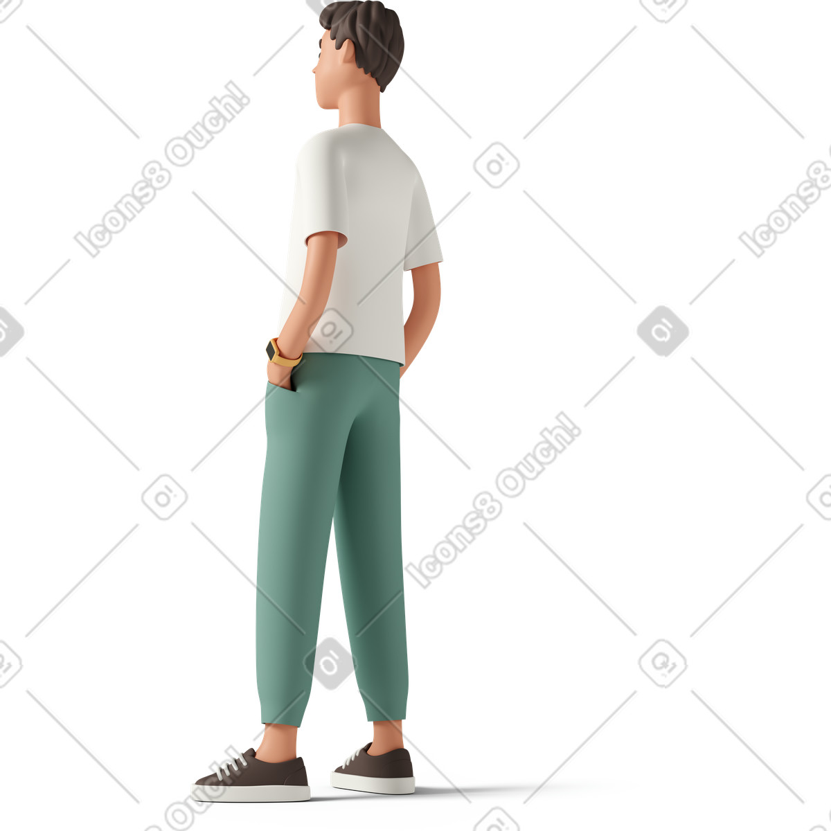 Back view of young man in green pants-Illustration im 3D Casual life-Stil als Download PNG, SVG