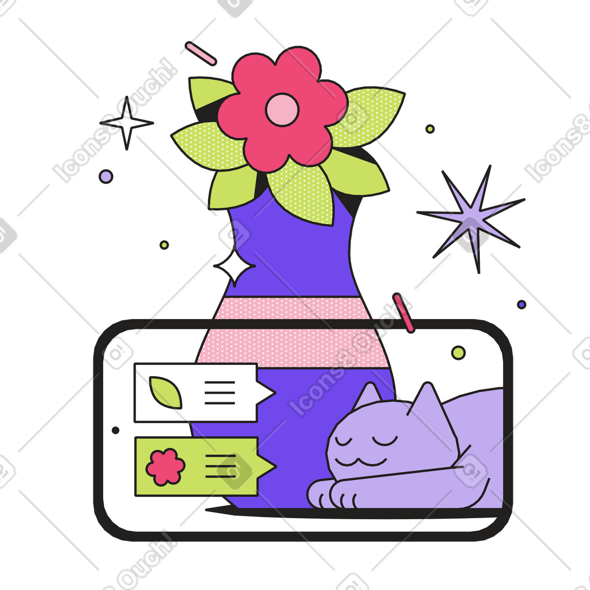 Augmented reality flower and cat smartphone illustration clipart for object recognition download PNG