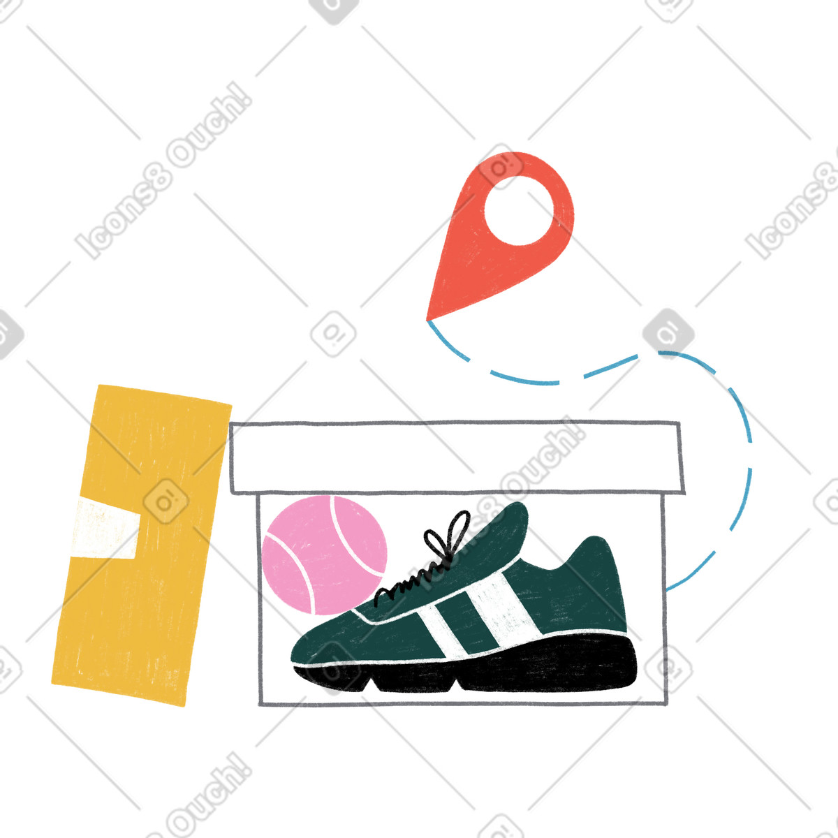 Ilustración Sneaker and ball delivery with geolocation icon en estilo Tutti a descargar en PNG y SVG