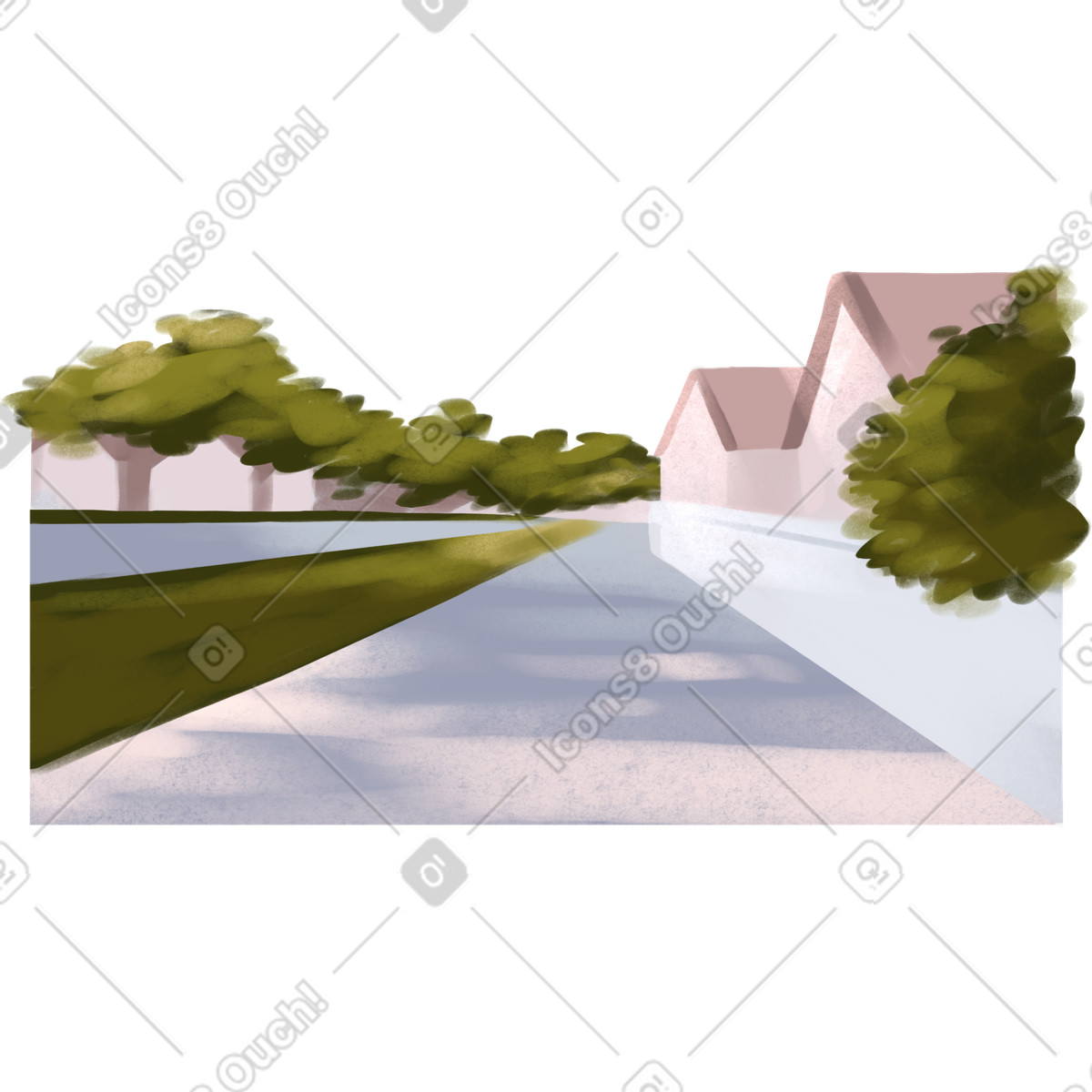 Ilustración Una hilera de casas en calle residencial un día soleado estilo Demure a descargar PNG y SVG
