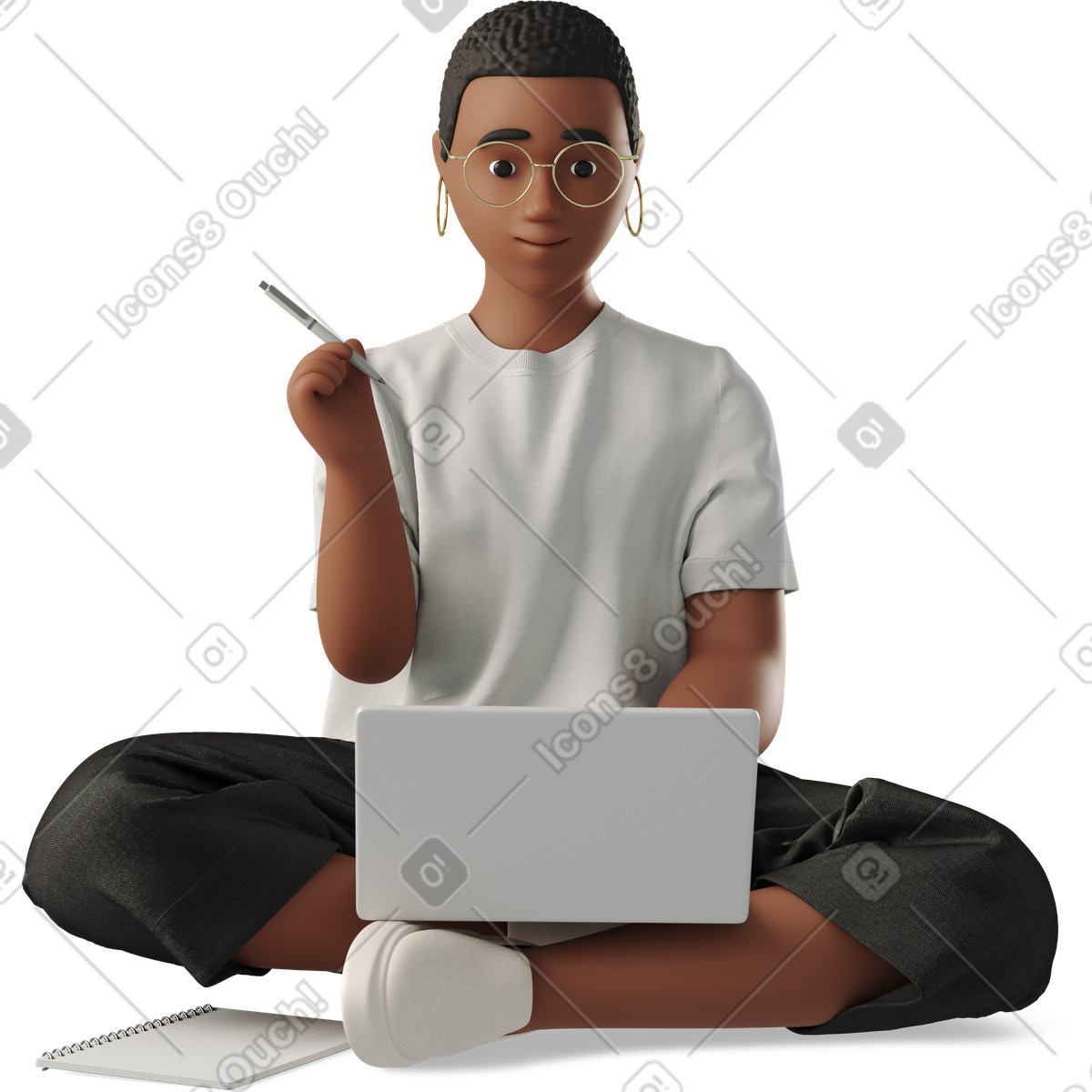 3D Business スタイルの オンラインで勉強している若い女性 のイラストをPNG、SVG形式でダウンロード