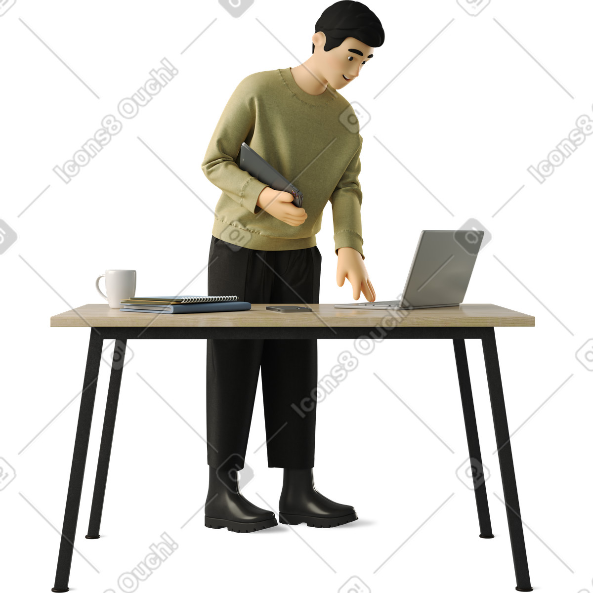 Young man walking up to his desk illustration in 3D Business style download in PNG, SVG