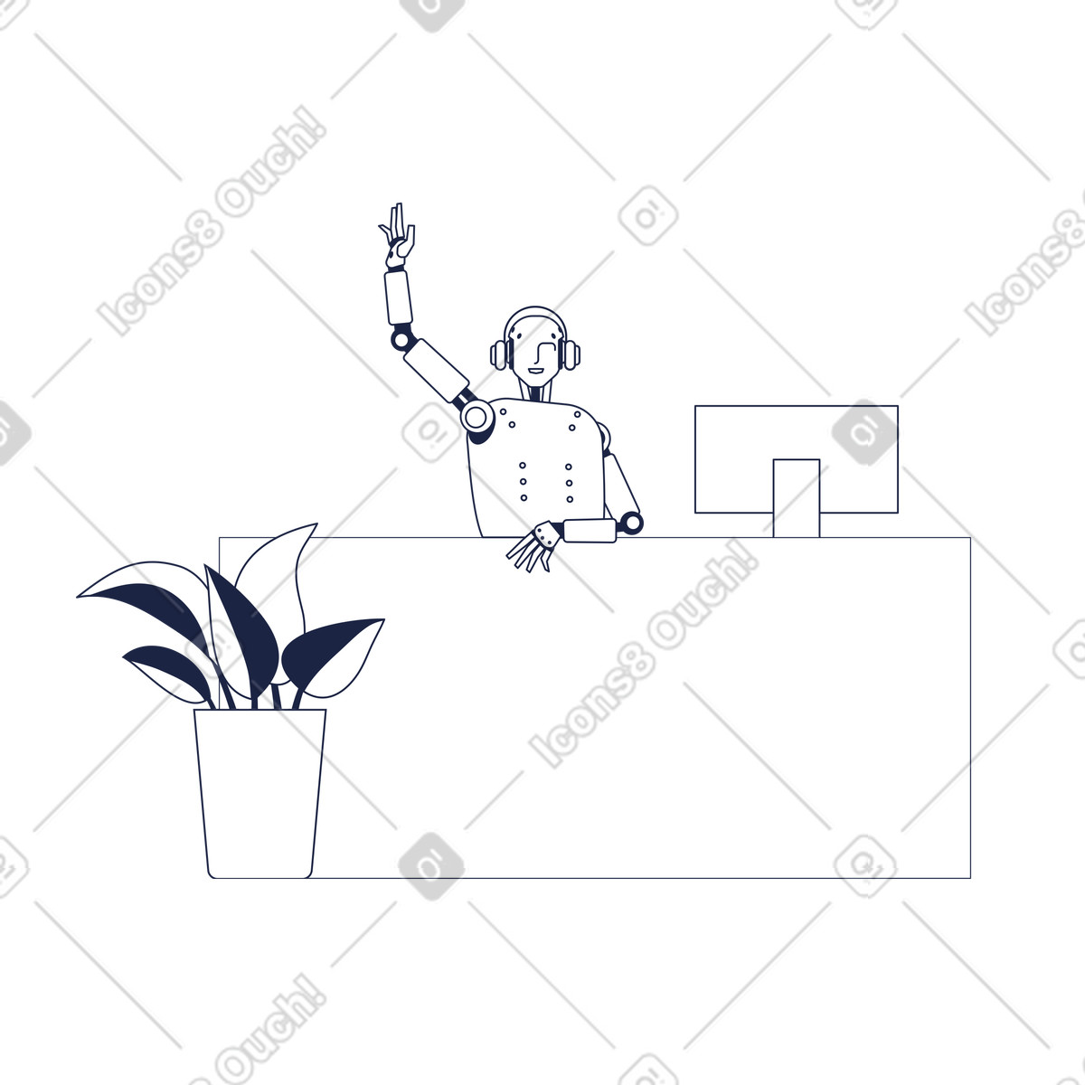 Urban Line スタイルの 手を上げて挨拶のレセプションでandroidロボット のイラストをPNG、SVG形式でダウンロード