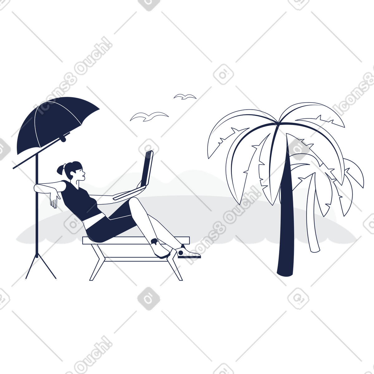Professional working on laptop under beach umbrella, work from anywhere flexibility illustration in Urban Line style download in PNG, SVG