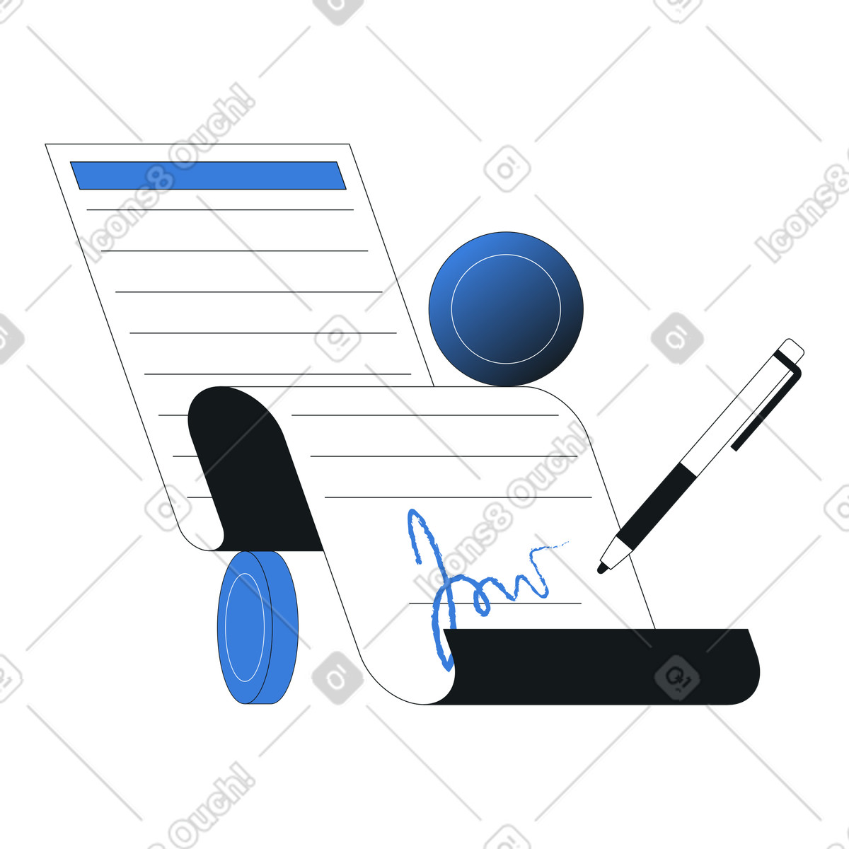 Midnight スタイルの ペンとコインで署名された金融契約、事業契約、法的文書 のイラストをPNG、SVG形式でダウンロード