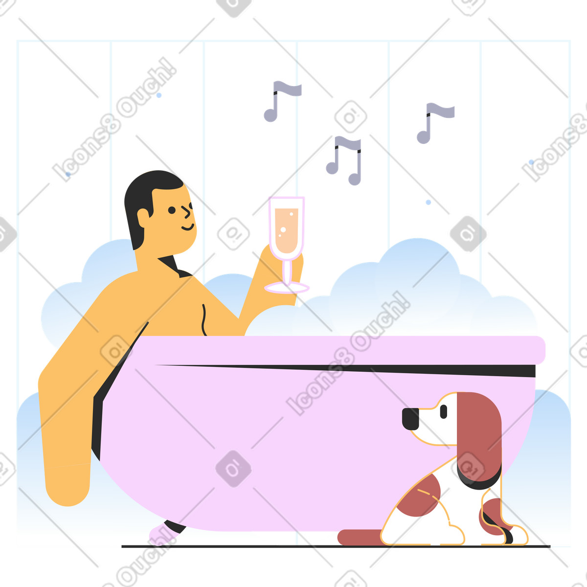 Uomo che si rilassa nella vasca da bagno con champagne illustrazione in stile Marginalia scarica in PNG, SVG