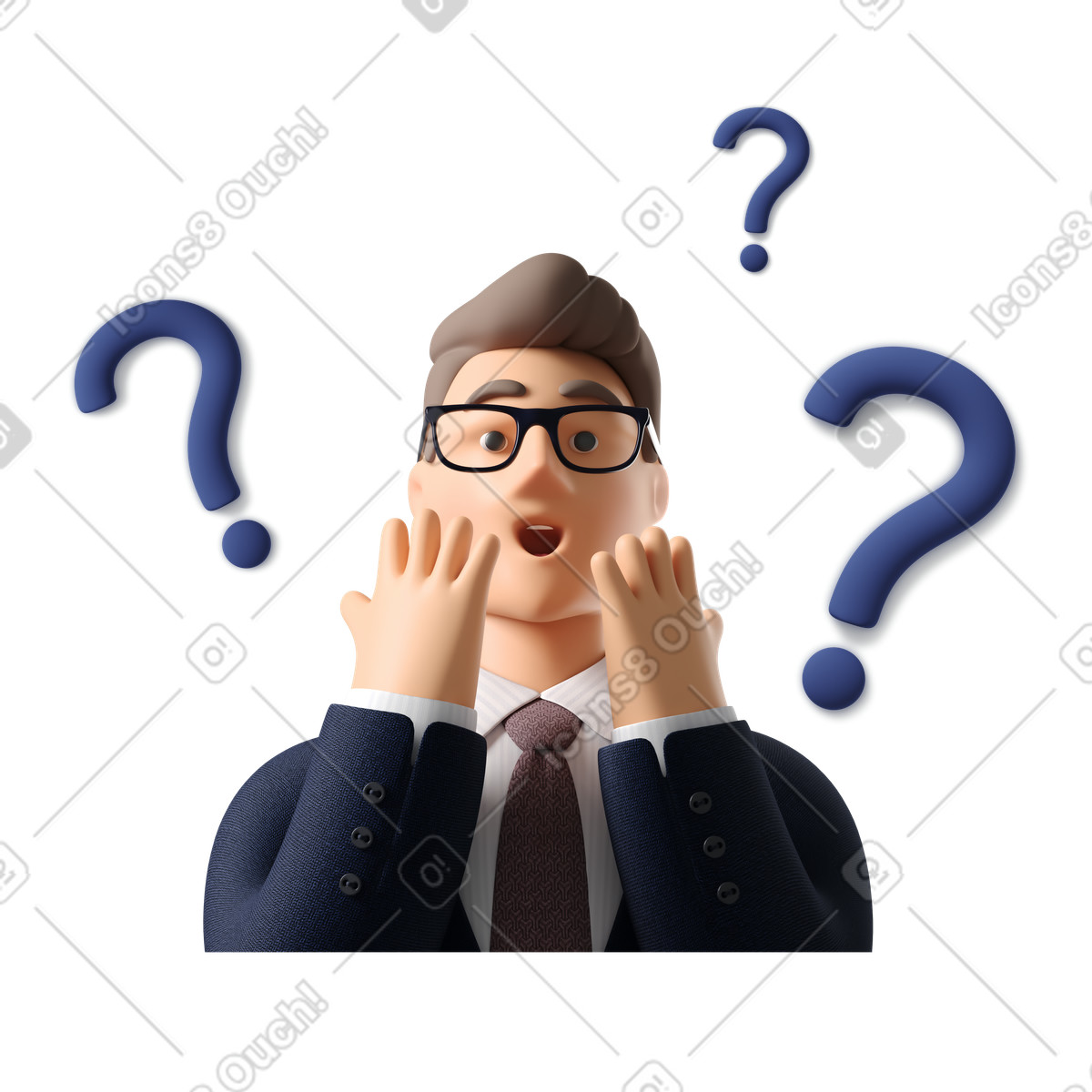 Illustration Homme confus par beaucoup de questions dans le style 3D Business à télécharger aux formats PNG, SVG