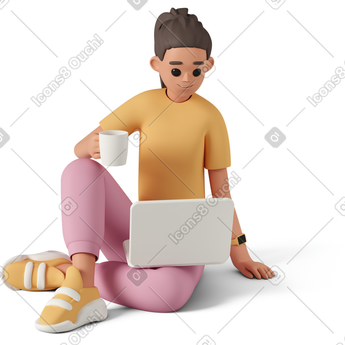 Ragazza con tazza e laptop seduto sul pavimento illustrazione in stile 3D Casual life scarica in PNG, SVG