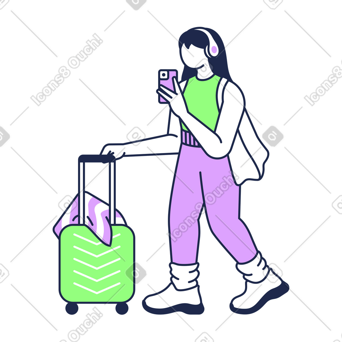 下载 Outline 风格的 Traveler taking selfie with suitcase, sharing journey on social media 动画插图，支持 GIF、Lottie （JSON）、AE 格式