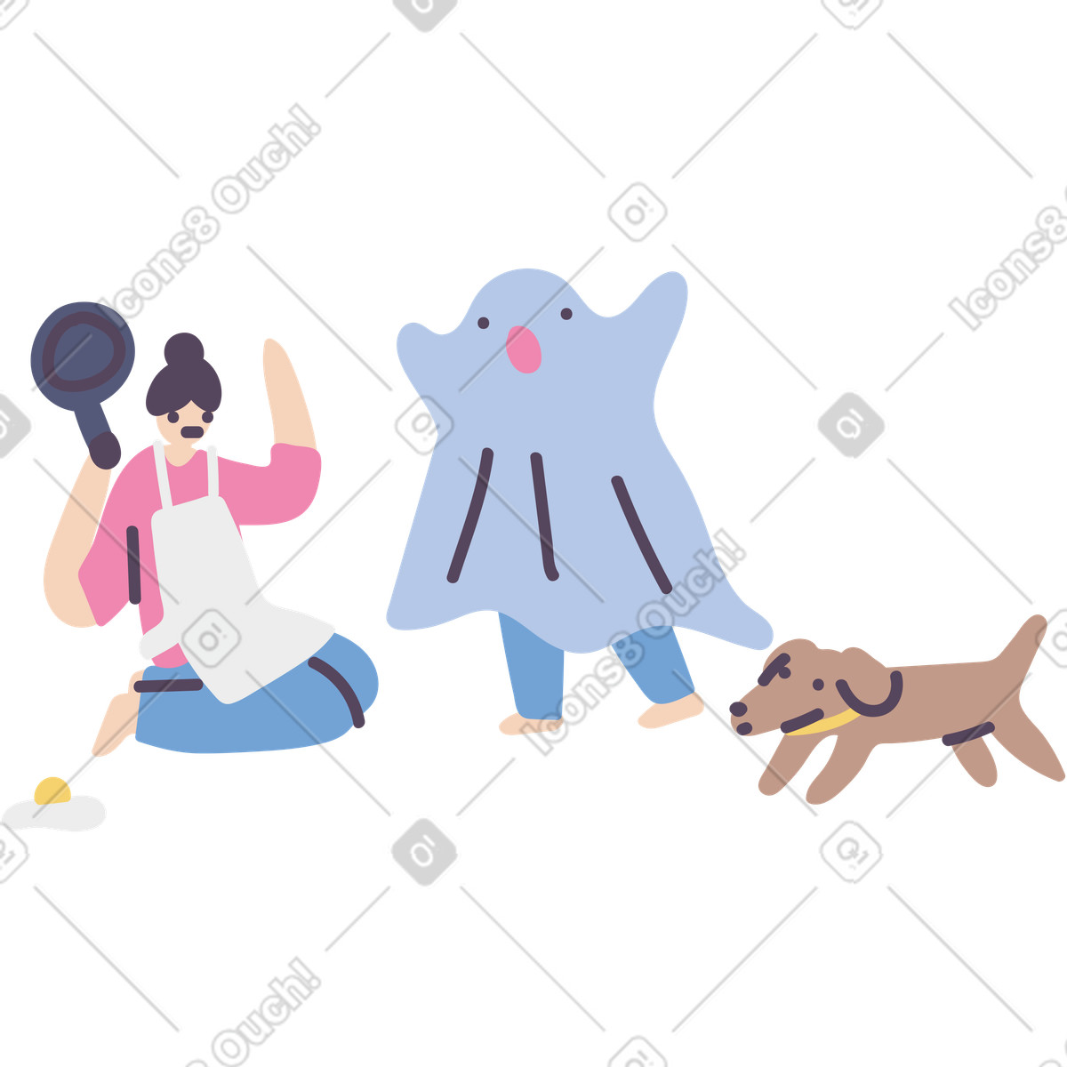 Ilustración Niño disfrazado de fantasma asustando a mamá en estilo Pluto descargar en PNG y SVG