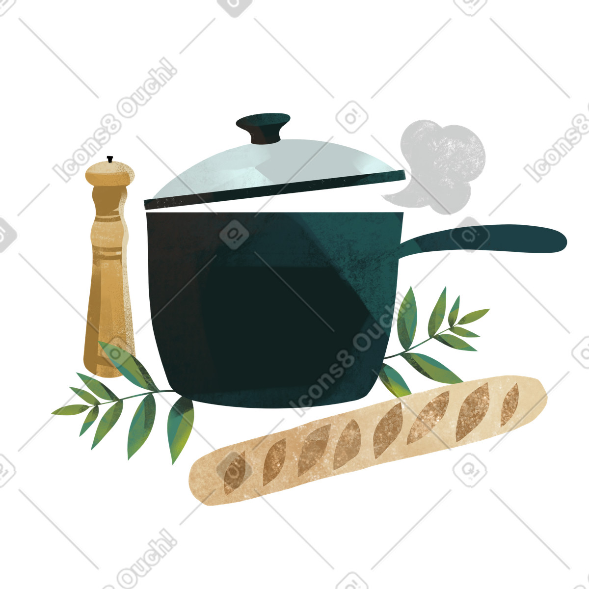 Pot with steam, bread and pepper shake illustration in Fabulous style download in PNG, SVG