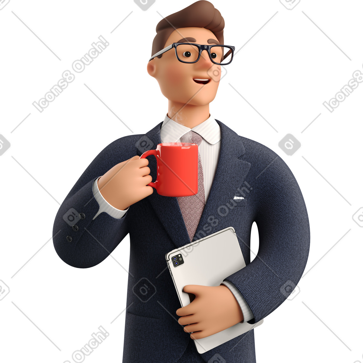 Ilustración Businessman in dark blue suit with coffee mug holding tablet en estilo 3D Business a descargar en PNG y SVG
