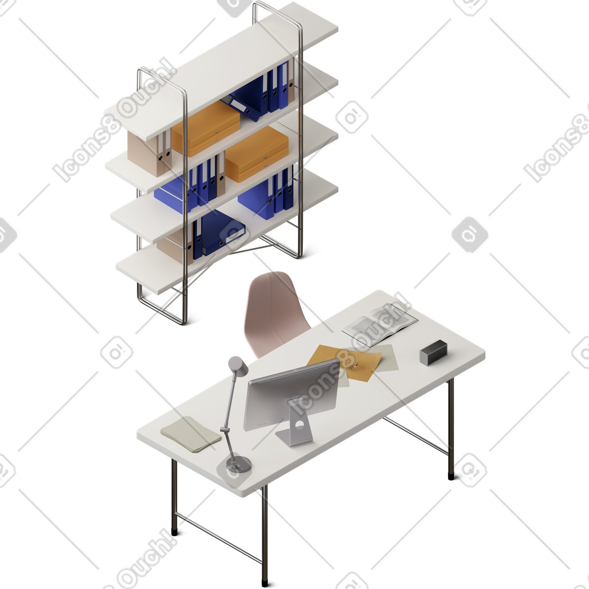 Isometric view of desk and document rack illustration office clipart in PNG SVG