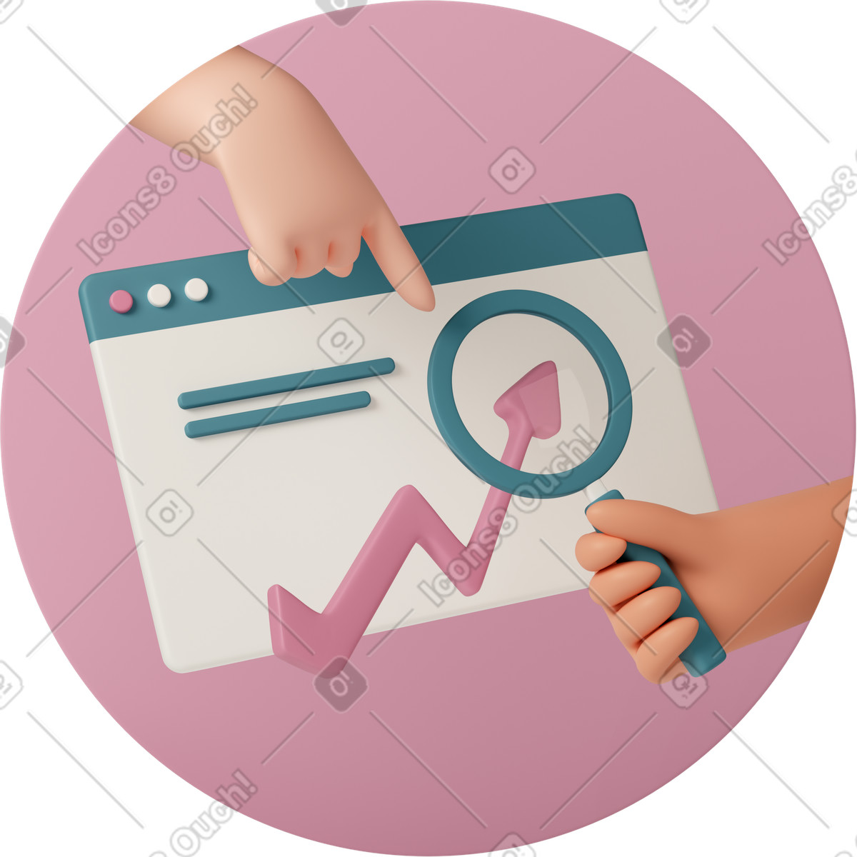 下载 3D Casual life 风格的 Browser window with magnifying glass and upward graph, website analytics growth 插画，支持 PNG、SVG 格式