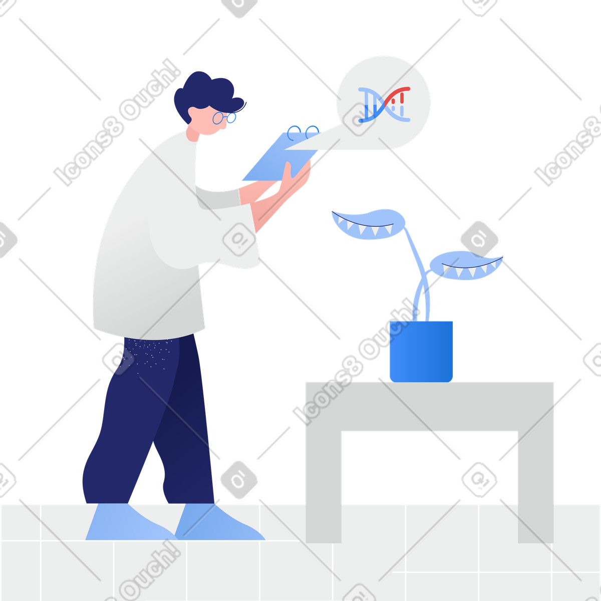 Illustration Un homme teste le génie génétique sur piège à mouches dans style Clip télécharger aux formats PNG, SVG