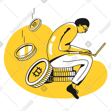Man sitting on a stack of bitcoins and typing on a laptop PNG, SVG