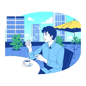 An office worker with short black hair wearing a blue shirt is sitting at a white table on a rooftop terrace. The worker is holding a warm cup of coffee with both hands, looking relaxed. In the background, there are tall buildings with glass windows reflecting the sunlight. The terrace has a few green potted plants and a yellow umbrella providing shade. A light breeze is gently rustling the leaves of the plants.