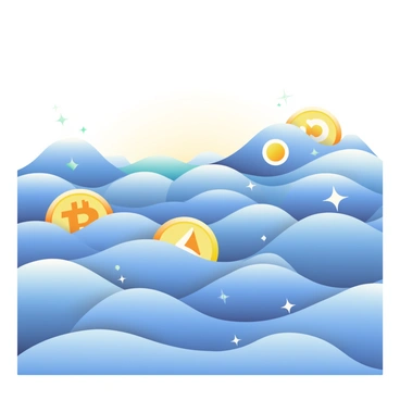 An ocean with deep blue water is gently rolling with waves. Each wave is cresting and forming distinct symbols of popular cryptocurrencies, such as the "Bitcoin" logo, the "Ethereum" symbol, and the "Litecoin" emblem. The sunlight reflects off the water, creating shimmering patterns that enhance the visibility of these symbols in the waves. The horizon has a soft gradient where the ocean meets the sky, providing a calming backdrop to the dynamic scene of the waves.