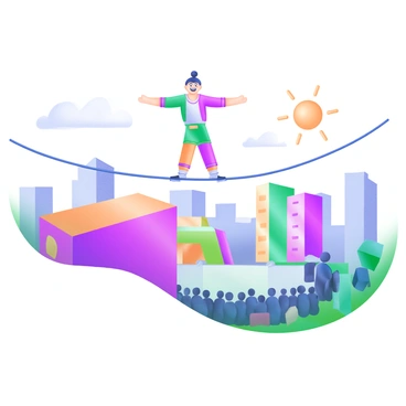 A tightrope walker dressed in a colorful outfit is balancing on a thin wire stretched high above the ground. The walker has arms extended to maintain balance and a focused expression on their face. Below, a vibrant cityscape can be seen with buildings of various heights and colors, alongside a crowd of spectators looking up in amazement. The sky is clear with a few fluffy clouds, and the sun casts soft shadows on the ground.