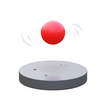 A rubber ball in bright red color bouncing on a textured concrete ground. The ball is mid-air, showing its upward trajectory with motion lines indicating speed. Below it, the surface of the ground displays small scuff marks and a slight dusting of dirt. As the ball descends, the image captures its compression, reflecting how the material deforms upon impact. The surrounding area shows a faint outline of the ball’s previous positions, illustrating the gradual slowing of its movement over time due to friction.