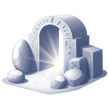 An empty tomb with an arched top and stone walls. The entrance is partially obscured by a large, rounded stone that has been rolled aside. Inside, a soft, radiant light emanates from the center of the tomb, casting gentle shadows across the stone surfaces. The interior features rough-hewn stones, and the ground is dusty, showing signs of age. The scene conveys a sense of stillness and quiet, with subtle textures highlighted by the light.