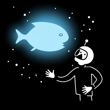 A deep-sea diver, wearing a black wetsuit and a helmet with a light, is swimming in dark ocean waters. The diver's eyes are wide with amazement as they come face to face with a giant fish that emits a bright, luminous glow. The fish has elongated fins and a large, rounded body, casting a soft, blue light around it. The surrounding water is filled with bubbles and small particles reflecting the fish's glow, creating an ethereal atmosphere. The diver's hands are outstretched, reaching toward the giant fish, emphasizing the moment of discovery in the vast darkness.