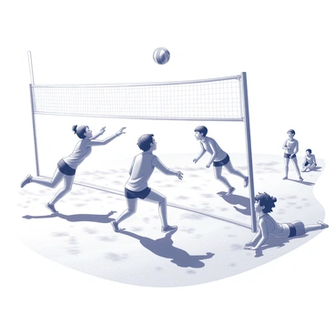 A high school volleyball match taking place on a sandy beach court. Several players in athletic gear are diving to the sand to hit the ball. One player is airborne, reaching out with one arm extended towards the ball, while another player is positioned nearby, ready to react. The sun is shining brightly overhead, casting sharp shadows on the sand. The net is visible in the background, with a few spectators watching the game from a distance.