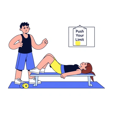 A personal trainer with short black hair is standing next to a client on a gym mat. The trainer is wearing a black tank top and blue athletic shorts, demonstrating a focused expression. The client, a person with long brown hair, is lying on their back with their shoulders supported on a bench, feet flat on the ground and knees bent. The trainer's hands are gently adjusting the client's hips to ensure proper form. There are dumbbells placed beside the mat, and a motivational poster is visible on the wall in the background that reads "Push Your Limits."