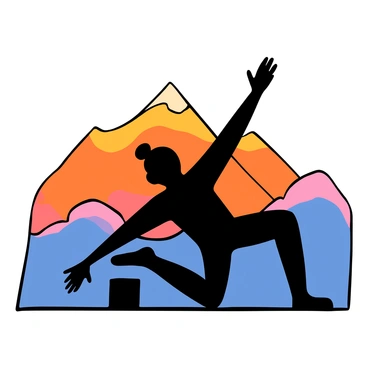 A silhouette of a person in a dynamic lunge position, with one leg extended forward and arms reaching out. The scene is set against a backdrop of majestic mountains in the distance, illuminated by the soft, warm colors of dawn. The sky features hues of orange, pink, and light blue, signifying the early morning light. The person's posture conveys strength and determination as they are set against the vibrant sky, creating a striking contrast between the dark silhouette and the bright atmosphere.