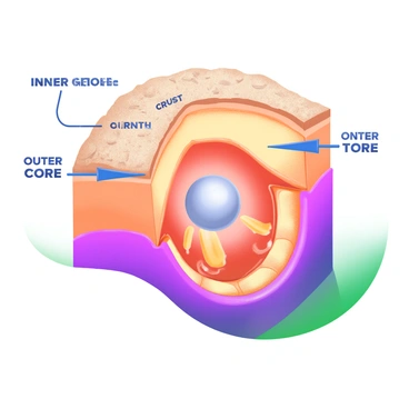 A detailed cross-section of Earth displaying its distinct layers. The top layer presents the "crust," depicted in a light brown color with rugged texture. Beneath it lies the "mantle," illustrated in a gradient of orange and yellow, featuring swirling patterns to indicate movement. Next is the "outer core," shown in a vibrant red hue, with fluid-like designs to represent its molten state. Finally, at the center, the "inner core" is represented as a solid metallic sphere in a shiny silver with a slight glow. Each layer is clearly labeled with its name in bold, white letters for clarity.