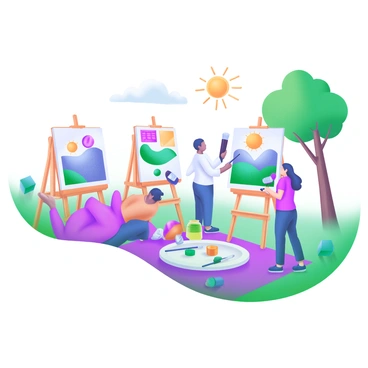 A modern pastel illustration depicting a community gathering in an outdoor setting. Several people of diverse backgrounds are engaged in creating art on large canvases, demonstrating collaboration and creativity. Brightly colored paints and brushes are scattered around, and each canvas displays unique designs, including abstract patterns and vivid landscapes. The sun shines down, casting soft shadows, and a few trees provide a natural backdrop. Nearby, picnic blankets are spread out with refreshments, adding a casual and welcoming atmosphere to the scene.