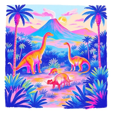 A prehistoric landscape features towering dinosaurs roaming across the scene. There are large, long-necked sauropods grazing on treetops, their bodies towering above the dense foliage. A group of triceratops can be seen in a clearing, their horns prominently displayed. The lush jungle is filled with vibrant green ferns and large palm-like plants, creating a rich environment. In the background, a volcano looms, its peak slightly obscured by wisps of smoke. The sky is painted in hues of orange and purple, suggesting a setting sun.