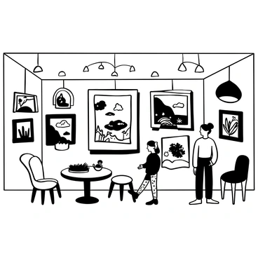 A wall covered with various surreal paintings, each showcasing unique and imaginative scenes. The paintings include distorted landscapes, whimsical creatures, and dreamlike objects floating in unusual arrangements. The gallery is designed with unconventional furniture, such as mismatched chairs and a quirky coffee table. Light fixtures hang from the ceiling in unusual shapes, casting shadows on the wall. Visitors stroll through the gallery, interacting with the art and discussing the pieces.