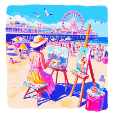 An artist with short curly hair is painting in plein air on Brighton beach during the fair. She is wearing a bright sundress and has a straw hat perched on her head. The artist is focused on a canvas where she captures the vibrant colors of the beach, the fairground rides, and the crowd enjoying the festivities. In front of her, an easel holds the canvas steady while her palette is filled with an array of bright colors. Colorful beach umbrellas dot the sandy shore, and in the background, the iconic Brighton Pier looms with its bustling attractions and twinkling lights. Nearby, seagulls flutter above and children are seen playing in the sand.