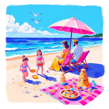 A royal family is gathered on a private beach enjoying their holiday. The scene includes a king and queen, dressed in elegant yet casual beach attire, seated on deck chairs under a large umbrella. Their children are playing frisbee in the sand, wearing colorful swimsuits. In the background, gentle waves lap at the shore, while a picnic blanket is spread nearby, adorned with a selection of fresh fruits and snacks. A small sandcastle built by the young princess stands proudly beside them, and seagulls can be seen flying overhead against a clear blue sky.