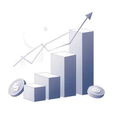 A visual representation of financial growth. The image features several ascending bar graphs, each one taller than the previous, symbolizing increasing financial performance over time. The bars are sleek and linear, with clear divisions between them, showcasing different metrics or time periods. Above the bar graphs, there is a line chart that complements the bars, illustrating an upward trend. In the background, there are subtle outlines of financial symbols such as dollar signs and coins, adding context without detracting from the graphs. The overall composition is balanced, drawing the viewer's attention to the elements that signify growth and success in finance.