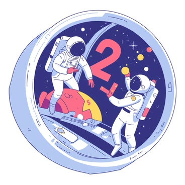 Two astronauts wearing white spacesuits are floating in the interior of a silver space station. The inside of the station is filled with various scientific instruments and tools. The astronauts are positioned near a transparent viewport showing stars and planets outside. They are actively engaging with vibrant, colorful numbers that are floating around them. The numbers are being arranged into expanded form, with some numbers being separated into their digit components. One astronaut is reaching out to grab a large red number "5," while the other is holding an orange number "2," carefully placing it next to the floating numbers.