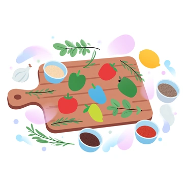A wooden cutting board is covered with a variety of fresh herbs including basil, rosemary, and thyme. Colorful vegetables like bell peppers, tomatoes, and onions are scattered around. Several small bowls hold various spices, such as pepper, cumin, and paprika. A sprig of garlic and a lemon are placed beside the ingredients, creating an inviting cooking scene.
