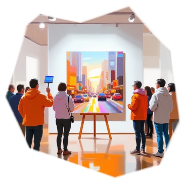 A contemporary gallery setting featuring a large cityscape painting displayed prominently on a white wall. The painting depicts a bustling urban scene with skyscrapers, busy streets filled with cars and pedestrians, and a sunset casting warm hues over the buildings. The gallery is filled with visitors admiring the artwork, with some standing close to examine the details. Auction paddles are held by attendees, indicating active bidding. The floor is polished wood, and neat lighting highlights the painting.