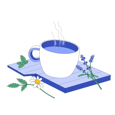 A cup of herbal tea sits on a wooden table. The cup is ceramic with a smooth surface and a handle on one side. Steam rises gently from the surface of the tea, indicating warmth. Around the cup, various calming herbs are arranged neatly. There are sprigs of chamomile with small white flowers, mint leaves with jagged edges, and lavender flowers with long green stems. The scene conveys a sense of tranquility and relaxation.