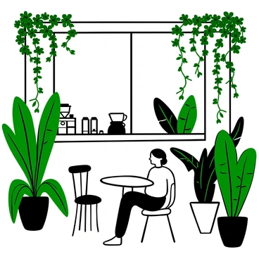 A cafe decorated with lush green plants and hanging vines