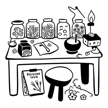 A wooden desk cluttered with various glass jars filled with herbs and dried plants. A pair of tweezers is being used to carefully examine "poison ivy leaves" placed on a piece of parchment. There are mortar and pestle set aside, with some freshly ground herbs scattered nearby. An open book with illustrations of plants lies next to the desk, while a small brass scale sits in the corner, measuring some dried flowers. A flickering candle casts soft shadows across the workspace.